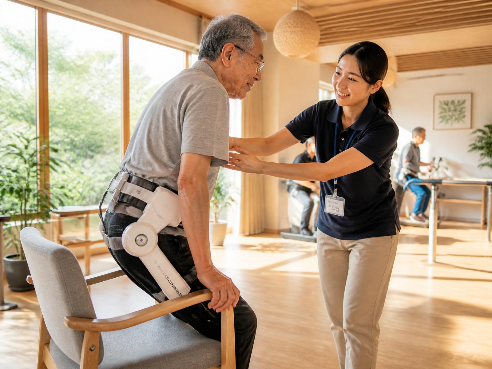 A senior standing up from a chair with the help of a therapist, wearing the HAL Lumbar exoskeleton