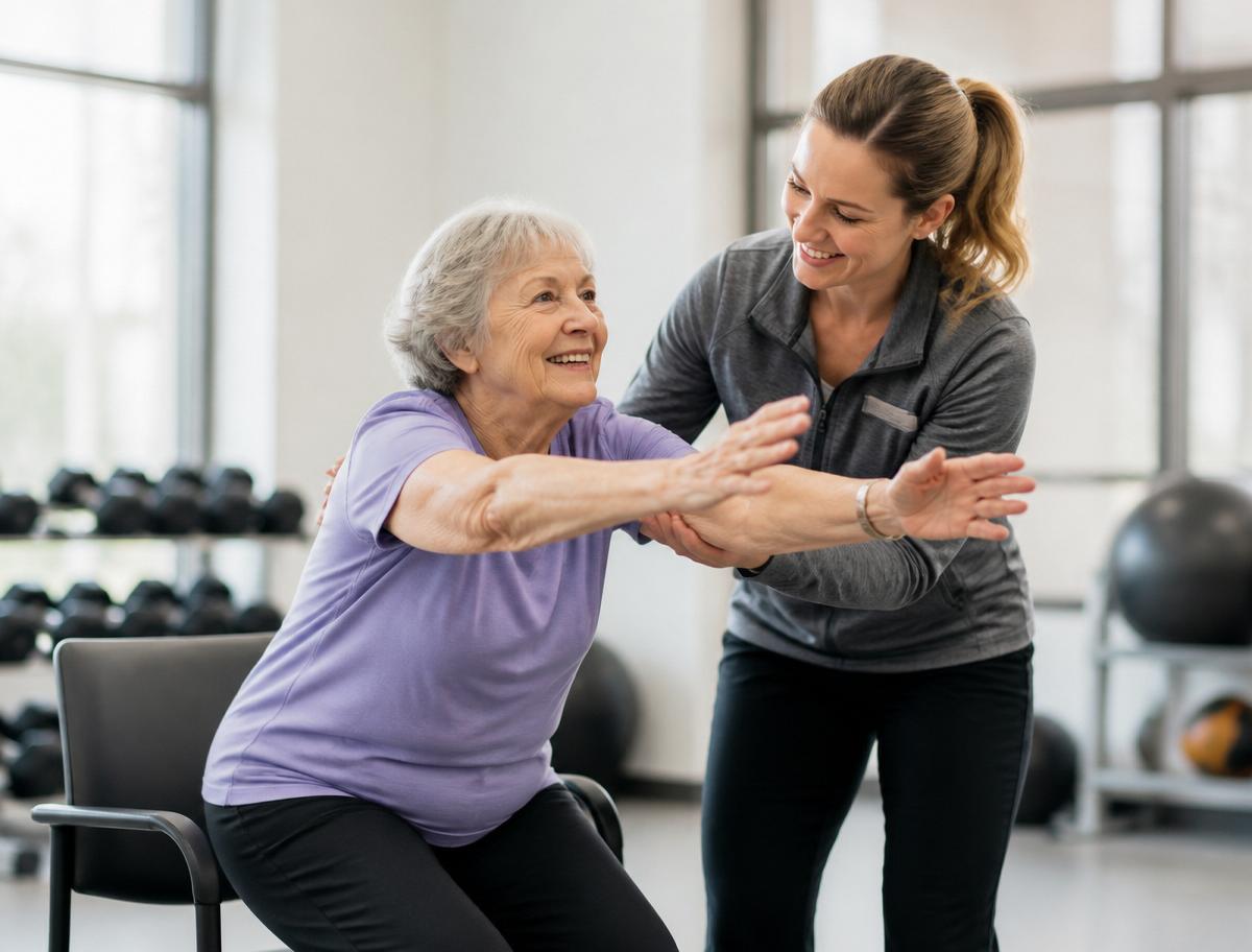Senior woman doing a guided sit-to-stand exercise with her therapist